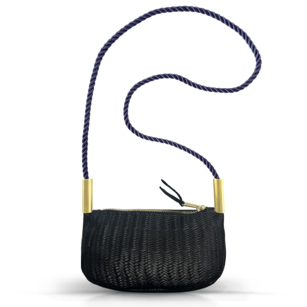 Zip Crossbody in Black Basketweave Leather