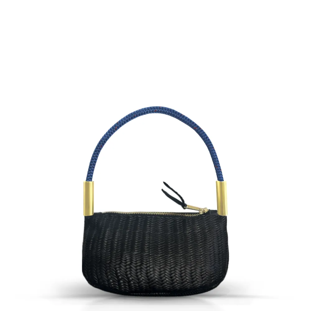 Zip Crossbody in Black Basketweave Leather